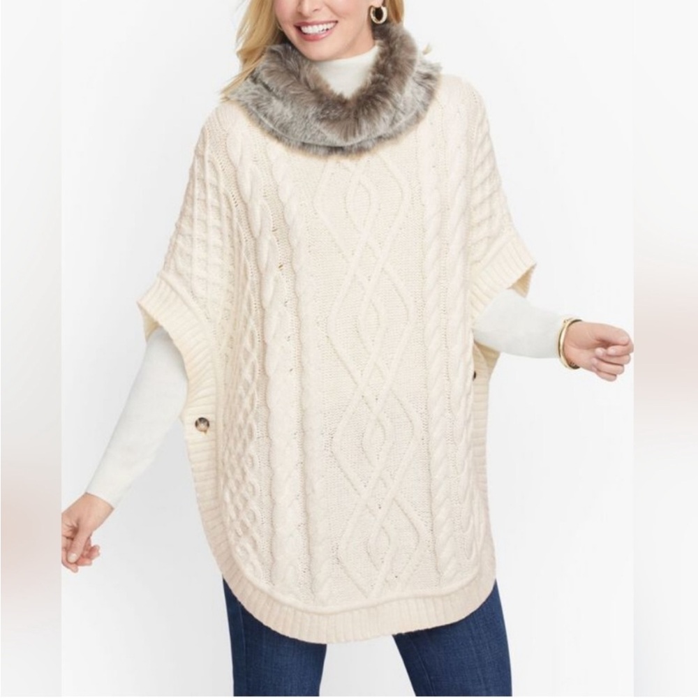 Talbots Ivory Cable Knit Poncho With Faux Fur Collar Sz S NWT